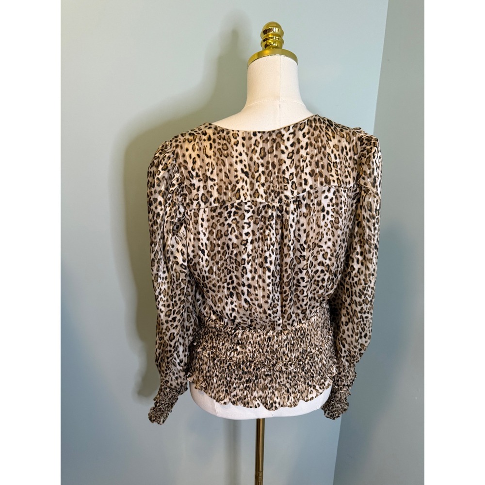 DO+BE Leopard Print Smocked Waist V-Neck Wrap Blouse Brown Tan Large - Picture 2 of 5